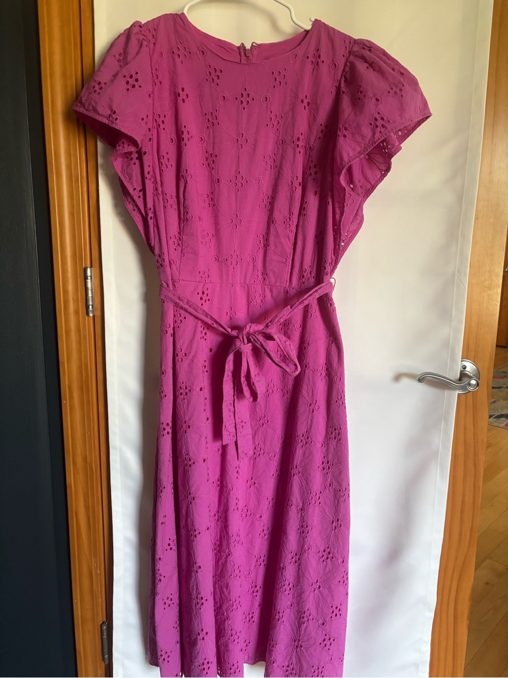 Ann Taylor Magenta Eyelet Tie-Waist Midi Dress